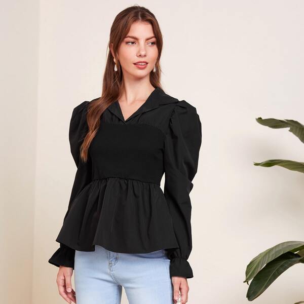 

Puff Sleeve Ruffle Cuff Peplum Top, Black