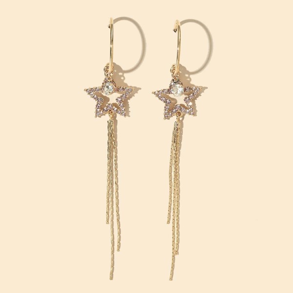 

Rhinestone Inlaid Star Tassel Drop Earrings, Gold