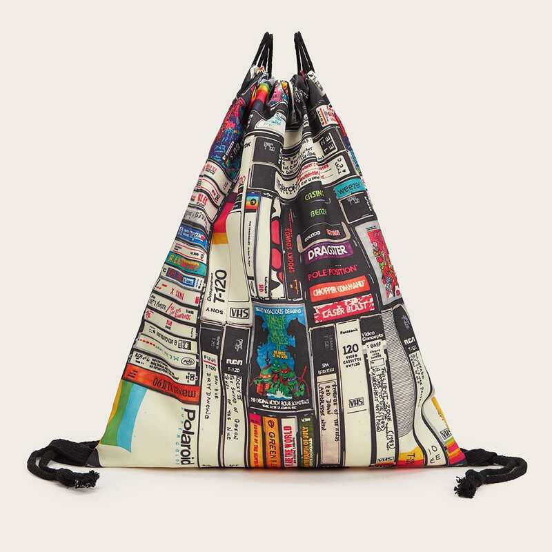

Tape Print Drawstring Backpack, Multicolor