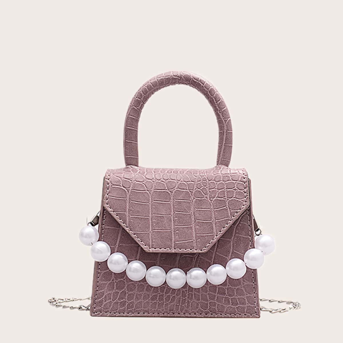 

Faux Pearl Croc Satchel Bag, Mauve purple
