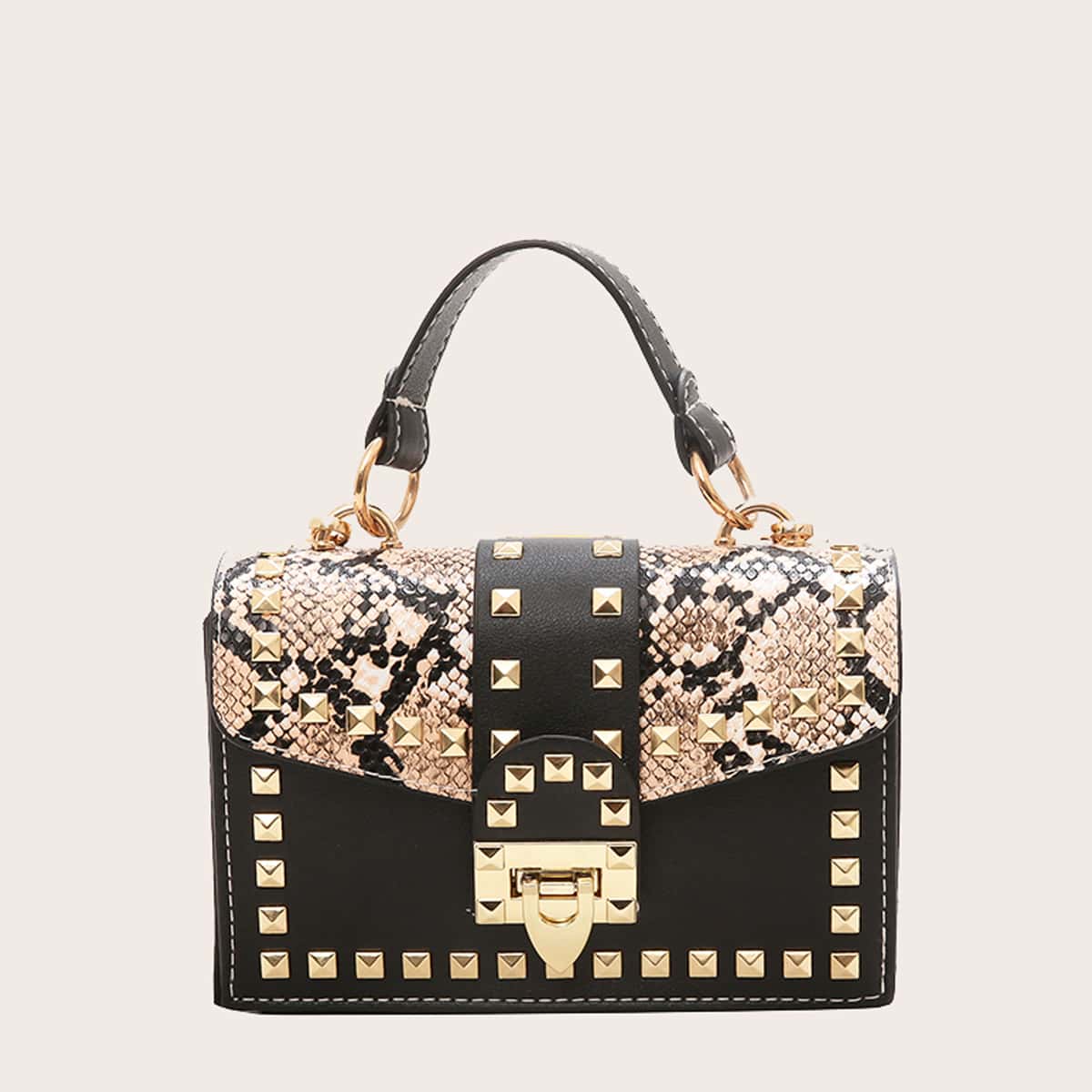 

Snakeskin Studded Chain Satchel Bag, Multicolor