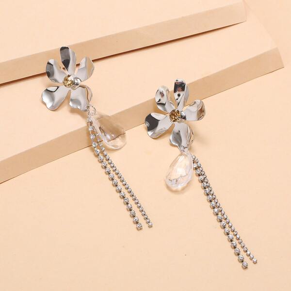 

Rhinestone Tassel Flower Drop Earrings, Silver