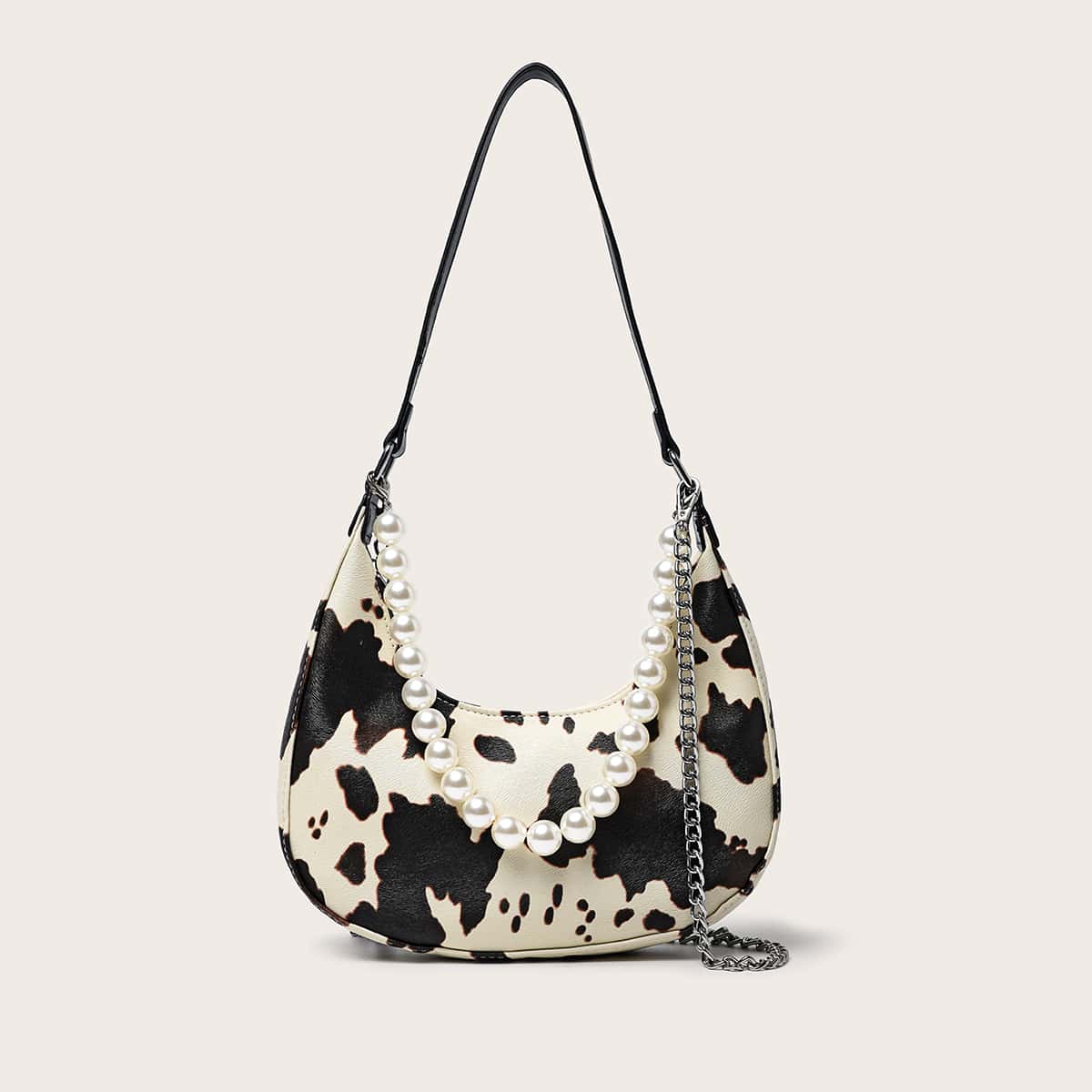 

Cow Print Faux Pearl Baguette Bag, Multicolor
