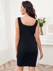 SHEIN Maternity Button Front Rib-knit Dress - Black - View 2