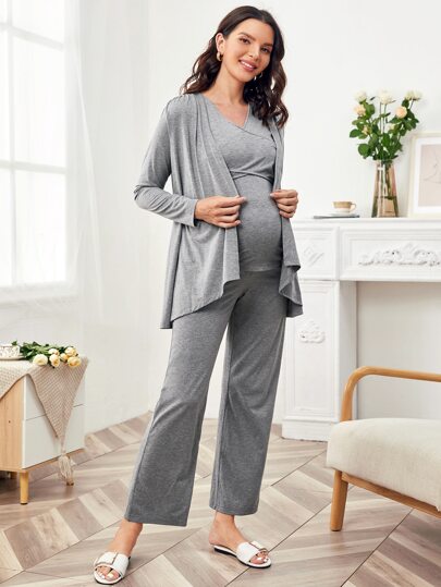 Maternity Cross Wrap Tank Top & Palazzo Pants Set With Coat