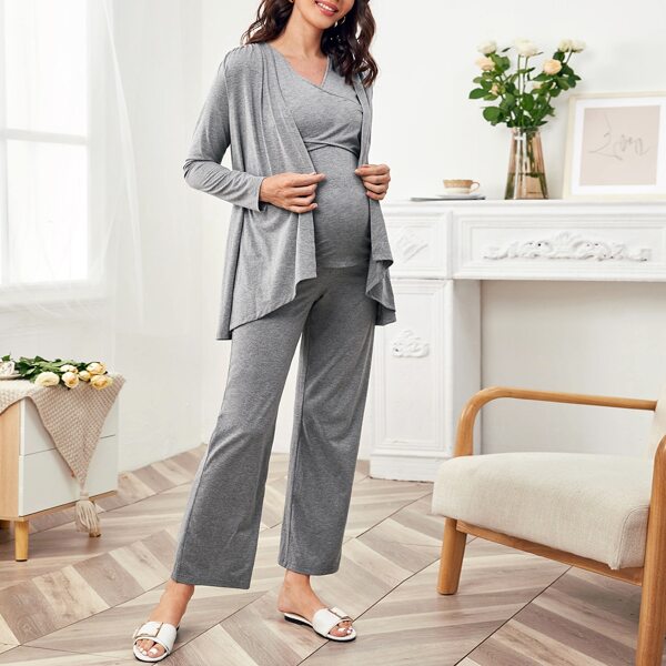 

Maternity Cross Wrap Tank Top & Palazzo Pants Set With Coat, Grey