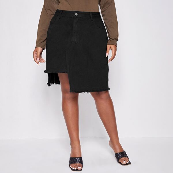 

Plus Raw Edge Asymmetrical Hem Denim Skirt, Black