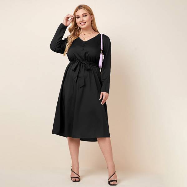 

Plus Button Front Belted Dress, Black
