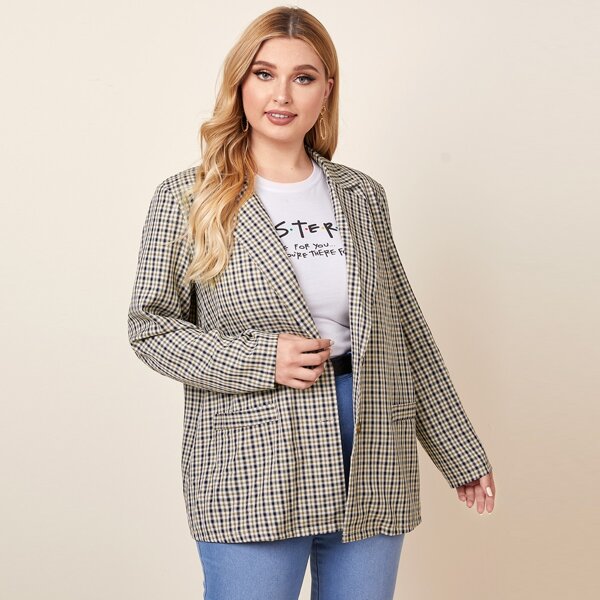 

Plus Button Front Plaid Blazer, Multicolor