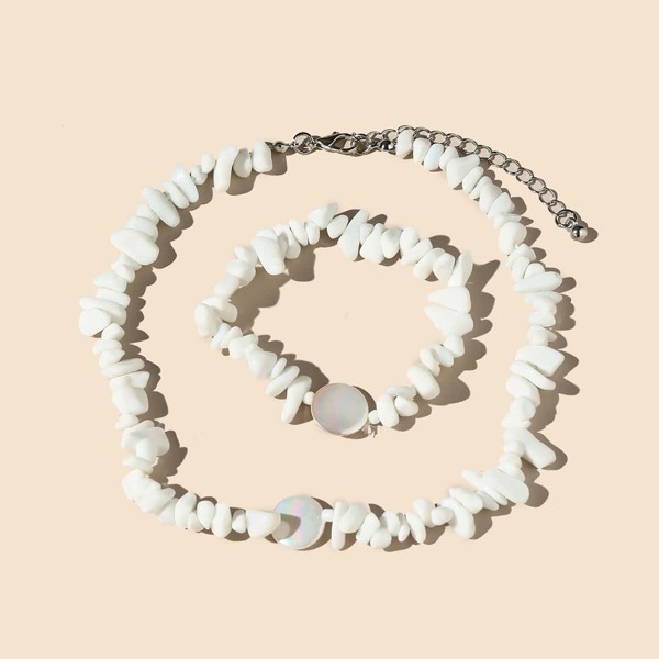 

2pcs Stone Beaded Necklace & Bracelet, White