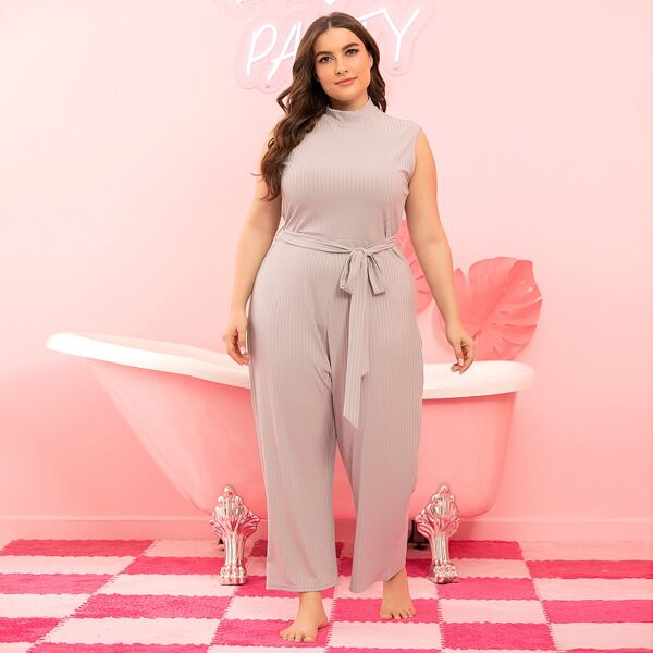 

Plus Solid Rib-Knit Mock Neck Belted Jumpsuit, Grey
