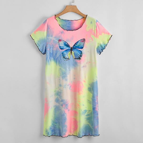 

Plus Butterfly Print Tie Dye Tee Dress, Multicolor