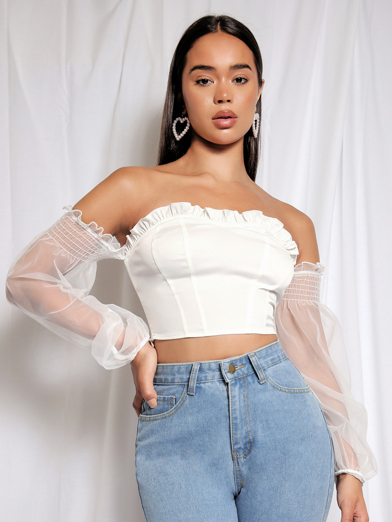 Off Shoulder Shirred Detail Sheer Mesh Lantern Sleeve Crop Top thumbnail