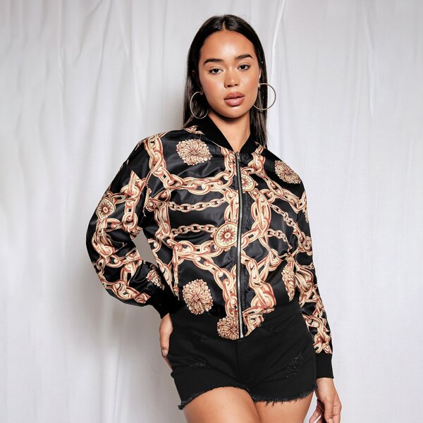 

Drop Shoulder Chain Print Bomber Jacket, Black