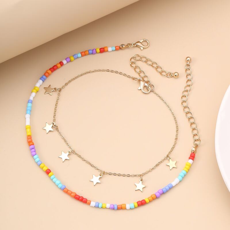 

2pcs Star Charm Beaded Anklet, Multicolor