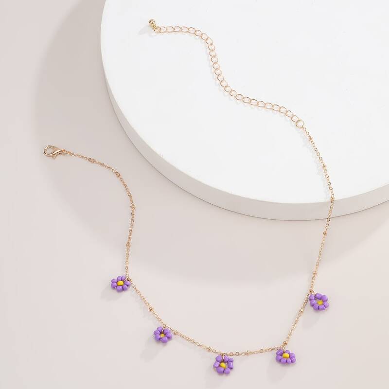 

Beaded Flower Charm Necklace, Purple