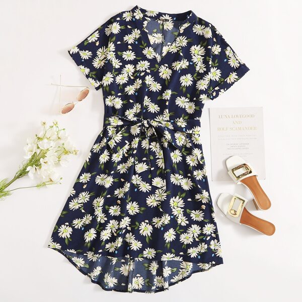 

Plus Belted High Low Hem Floral Dress, Navy blue
