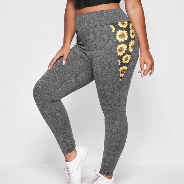 

Plus Contrast Sunflower Print Leggings, Grey