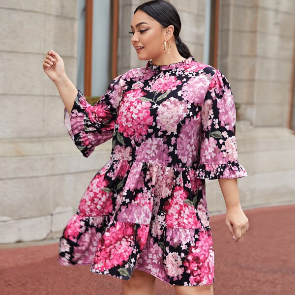 

Plus Floral Print Flounce Sleeve Smock Dress, Multicolor
