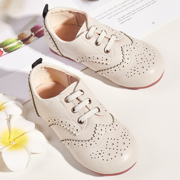 

Toddler Girls Lace-up Decor Hollow Out Flats, Beige
