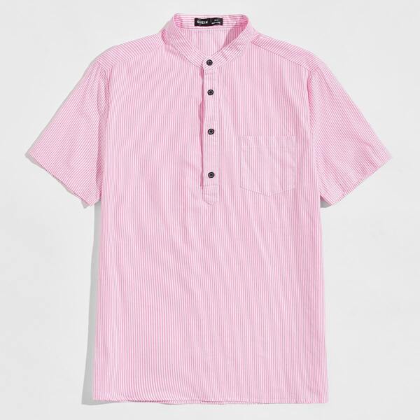 

Men Pocket Patched Half Placket Striped Shirt, Pink