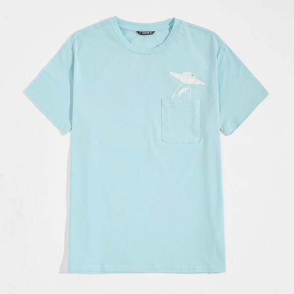 

Men Cartoon Graphic Patch Pocket Tee, Bright baby blue