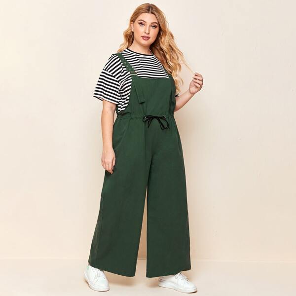 

Plus Stripe Print Tee With Overall Jumpsuit, Multicolor