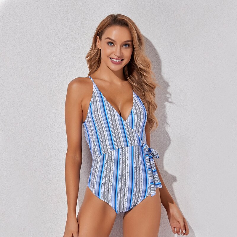 

Geo & Striped Tie Waist One Piece Swimsuit, Multicolor