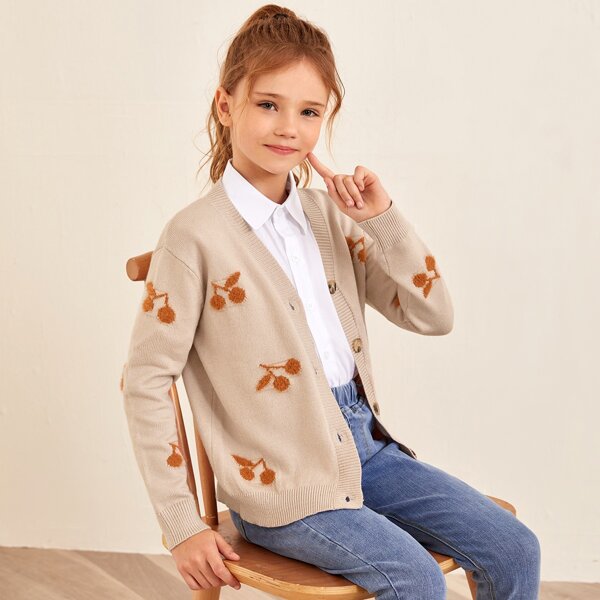 

Girls Drop Shoulder Cherry Pattern Cardigan, Khaki