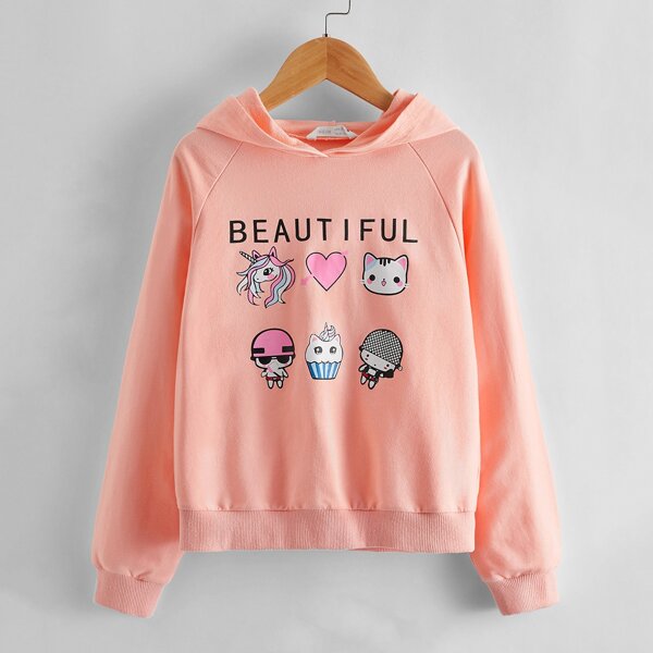 

Girls Cartoon Graphic Raglan Sleeve Hoodie, Coral pink