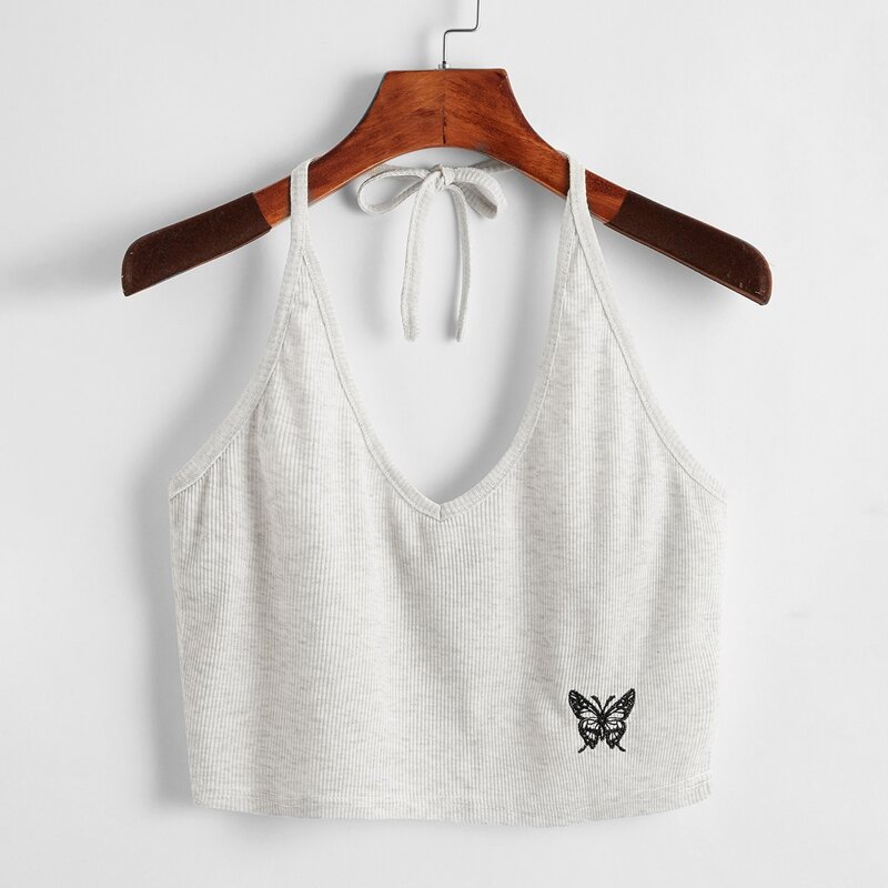 

Butterfly Embroidery Halter Top, Light grey