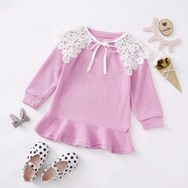

Toddler Girls Contrast Guipure Lace Trim Ruffle Hem Sweatshirt, Lilac purple