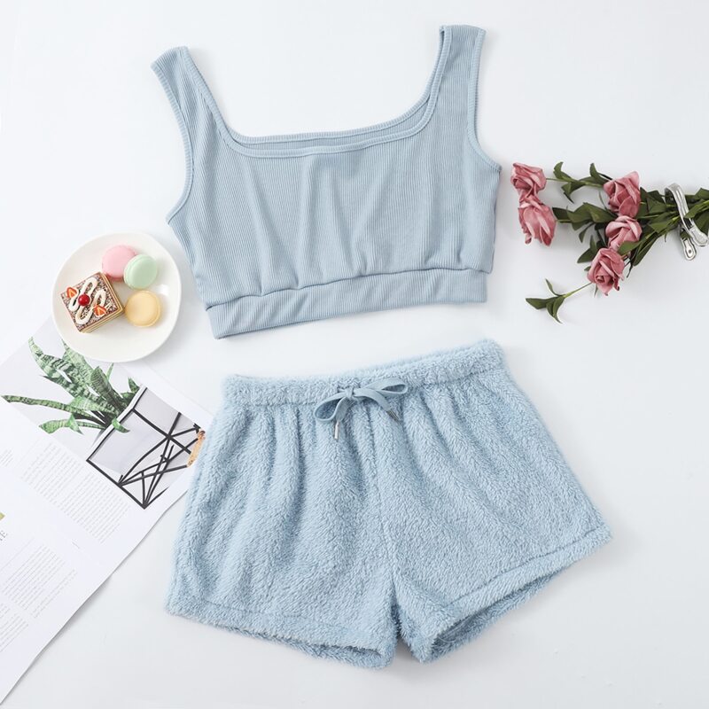 

Scoop Neck Drawstring Waist Pajama Set, Dusty blue