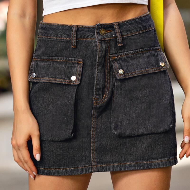 

Contrast Stitch Flap Pocket Denim Skirt, Dark grey