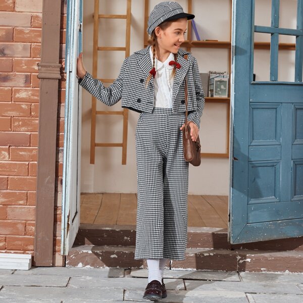 

Girls Houndstooth Pattern Lapel Collar Crop Blazer & Pants Set, Black and white
