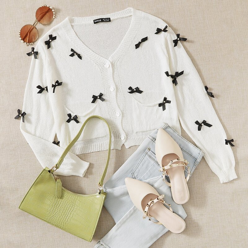 

Button Front Bow Patched Cardigan, White