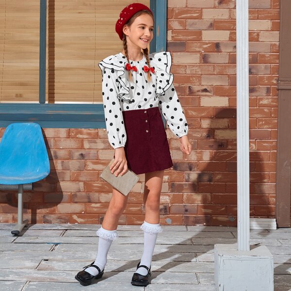 

Girls Layered Ruffle Detail Polka Dot Top, White