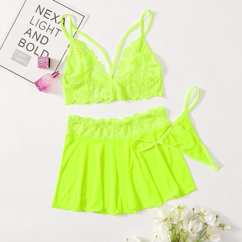 

Neon Lime Lace Thong Lingerie Set With Pleated Skirt, Bright lime green