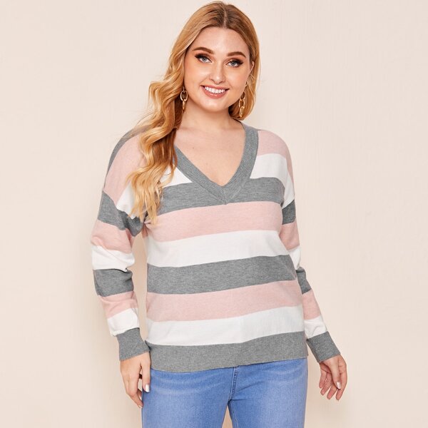 

Plus V Neck Striped Sweater, Multicolor