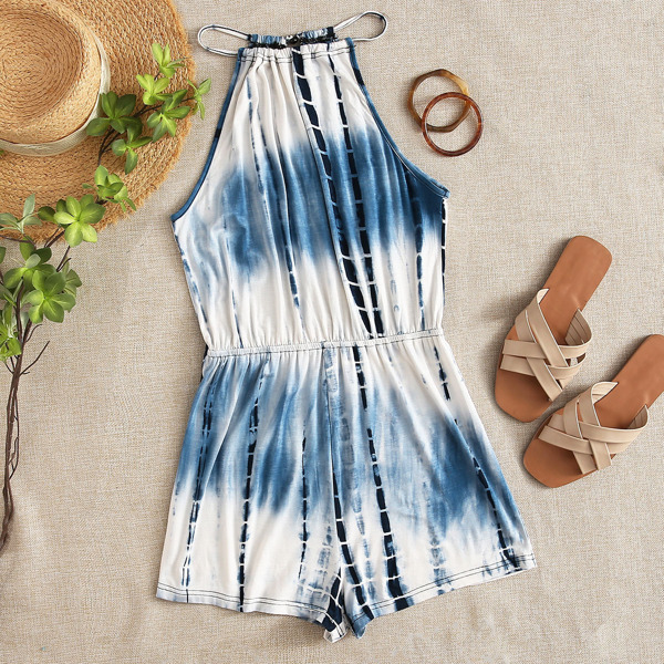 

Keyhole Back Tie Dye Halter Romper, Navy blue