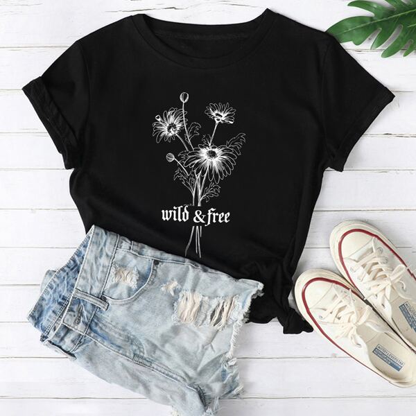 

Floral And Letter Graphic Round Neck Tee, Black