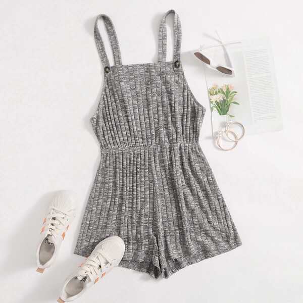 

Rib-knit Marled Cami Romper, Grey
