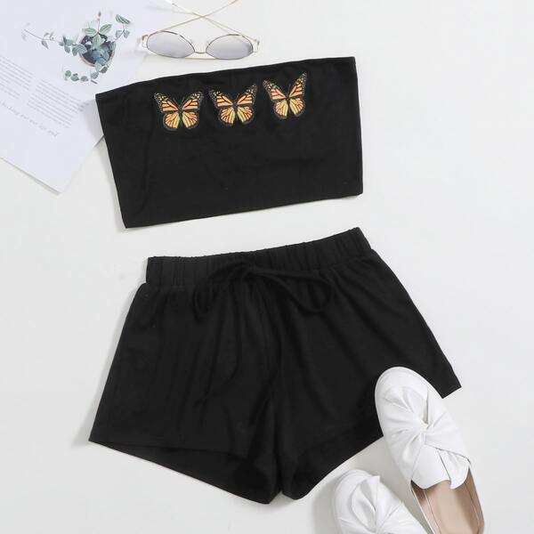 

Plus Butterfly Print Crop Tube Top & Shorts Set, Black