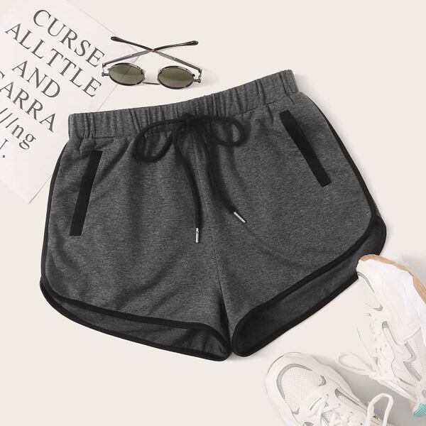 

Plus Tie Front Contrast Binding Track Shorts, Dark grey