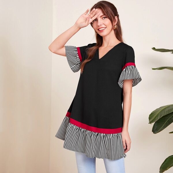 

V-neck Stripe Smock Blouse, Black