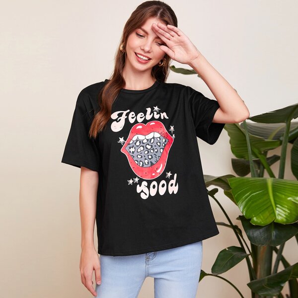 

Slogan And Mouth Print Tee, Black