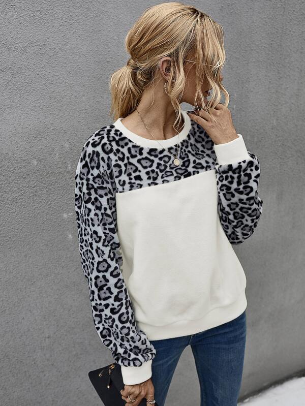 leopard panel drop shoulder sweatshirt