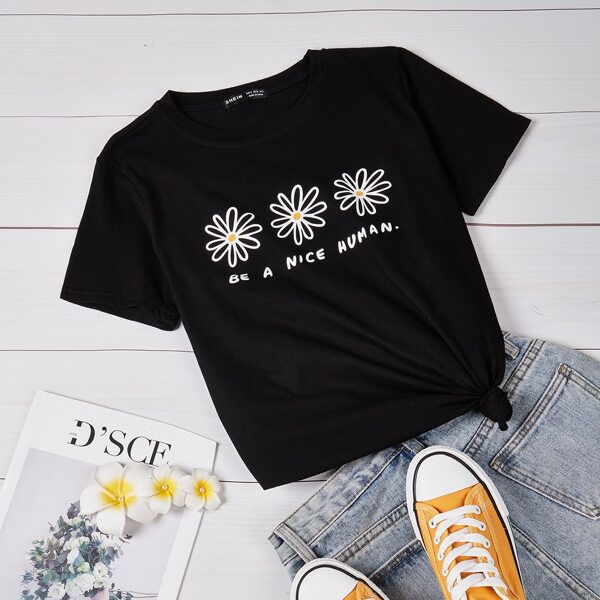 

Floral & Slogan Graphic Tee, Black