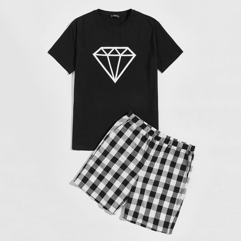 

Guys Diamond Print Top & Gingham Shorts PJ Set, Black and white