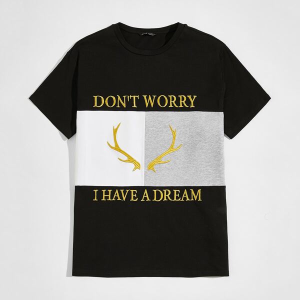 

Men Slogan Embroidered Colorblock Tee, Black